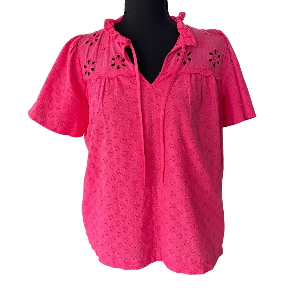 Ann Taylor Pink Eyelet Cotton Blouse Short‎ Sleeve Ruffle Tie Neck Top Small